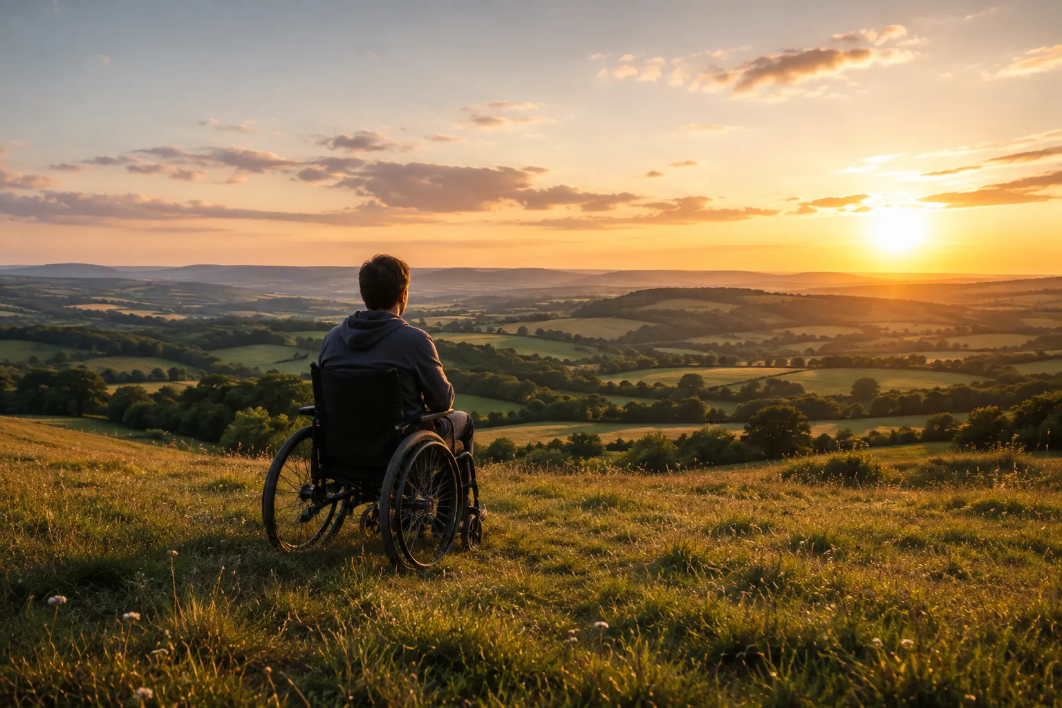 Man using a wheelchair outdoors on a hill at sunset